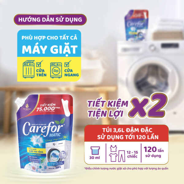 Nước giặt xả đậm đặc Carefor Matic 3600ml ( hương nắng mai) - Hình ảnh 3