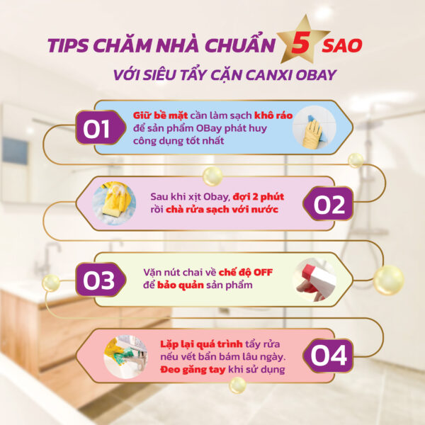 Siêu tẩy cặn Canxi Obay 450ml ( tẩy vách kính, sen vòi, lavabo, chậu rửa bát…) - Hình ảnh 3
