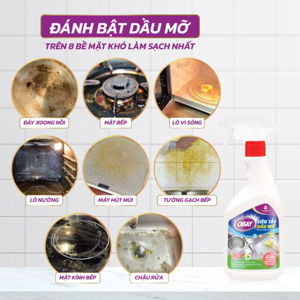 Siêu tẩy dầu mỡ OBAY 450ml ( tẩy hút mùi nhà bếp, bếp gas, đáy xoong, mặt bếp….) - Hình ảnh 4