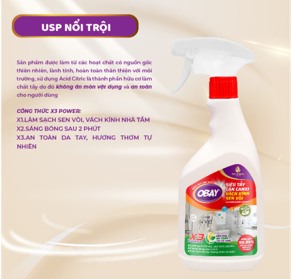 Siêu tẩy cặn Canxi Obay 450ml ( tẩy vách kính, sen vòi, lavabo, chậu rửa bát…) - Hình ảnh 2